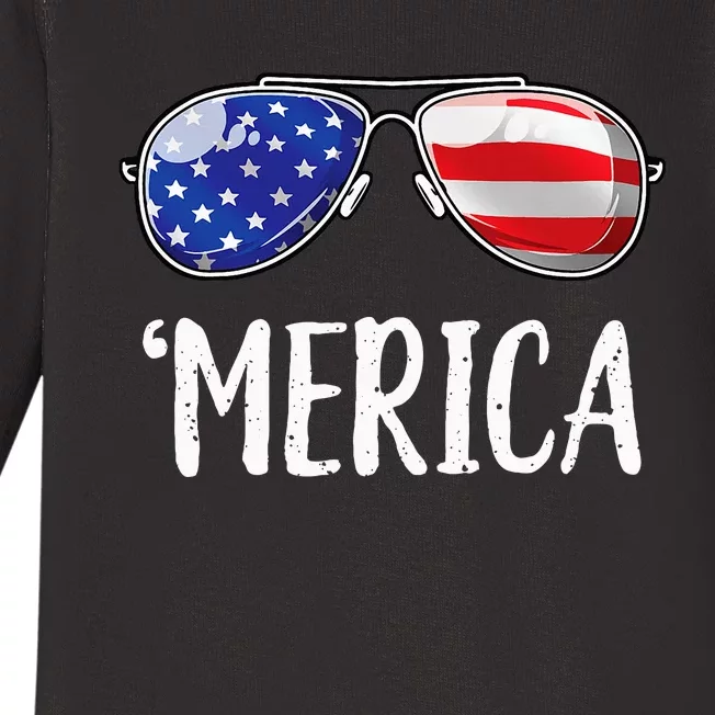 Merica Sunglasses 4th Of July Usa American Flag Baby Long Sleeve Bodysuit