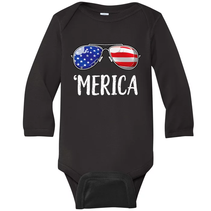 Merica Sunglasses 4th Of July Usa American Flag Baby Long Sleeve Bodysuit