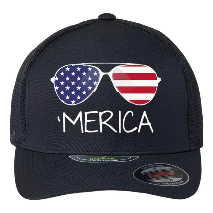 Merica Sunglasses 4th Of July USA Flag Flexfit Unipanel Trucker Cap