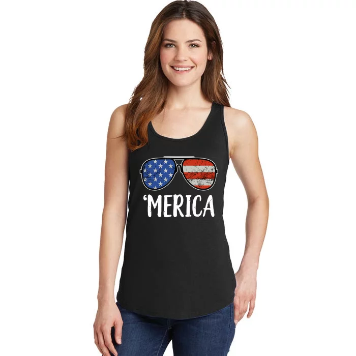 Merica Sunglasses 4th Of July USA American Flag Ladies Essential Tank