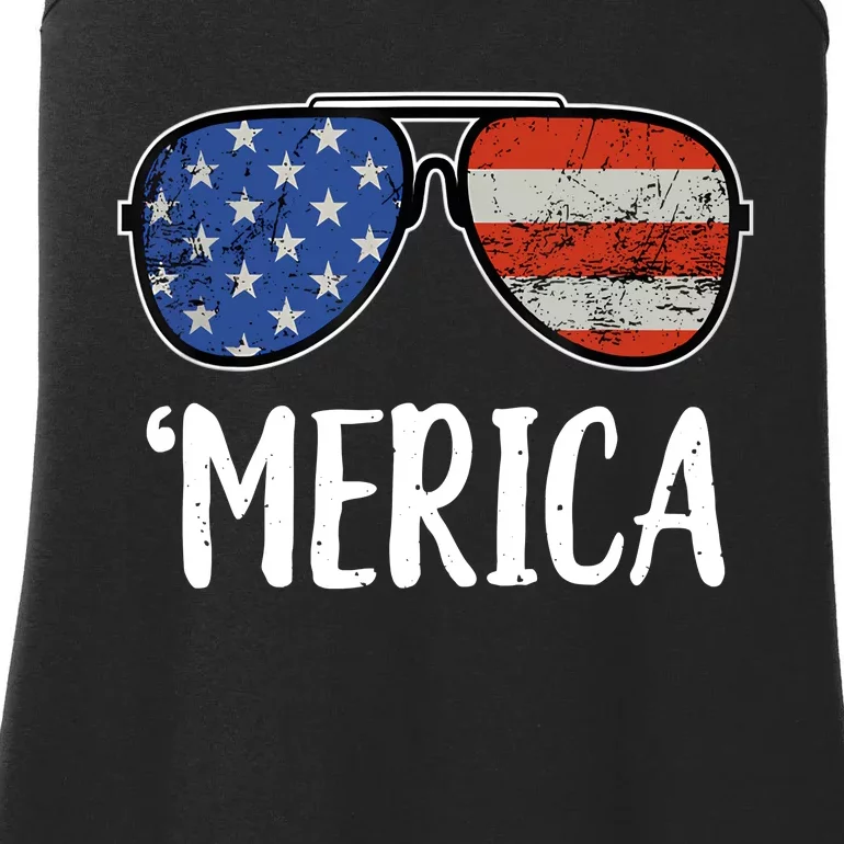 Merica Sunglasses 4th Of July USA American Flag Ladies Essential Tank