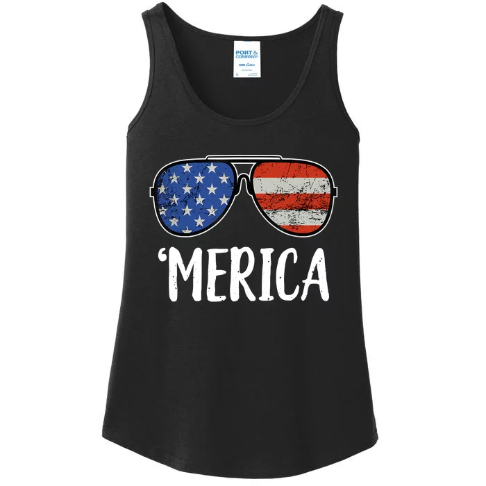 Merica Sunglasses 4th Of July USA American Flag Ladies Essential Tank