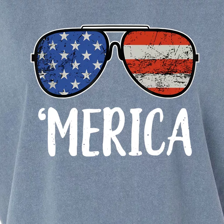 Merica Sunglasses 4th Of July USA American Flag Garment-Dyed Women's Muscle Tee