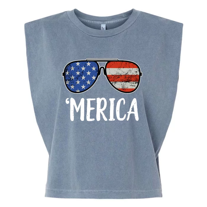 Merica Sunglasses 4th Of July USA American Flag Garment-Dyed Women's Muscle Tee