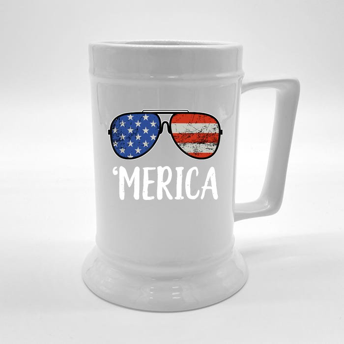 Merica Sunglasses 4th Of July USA American Flag Front & Back Beer Stein