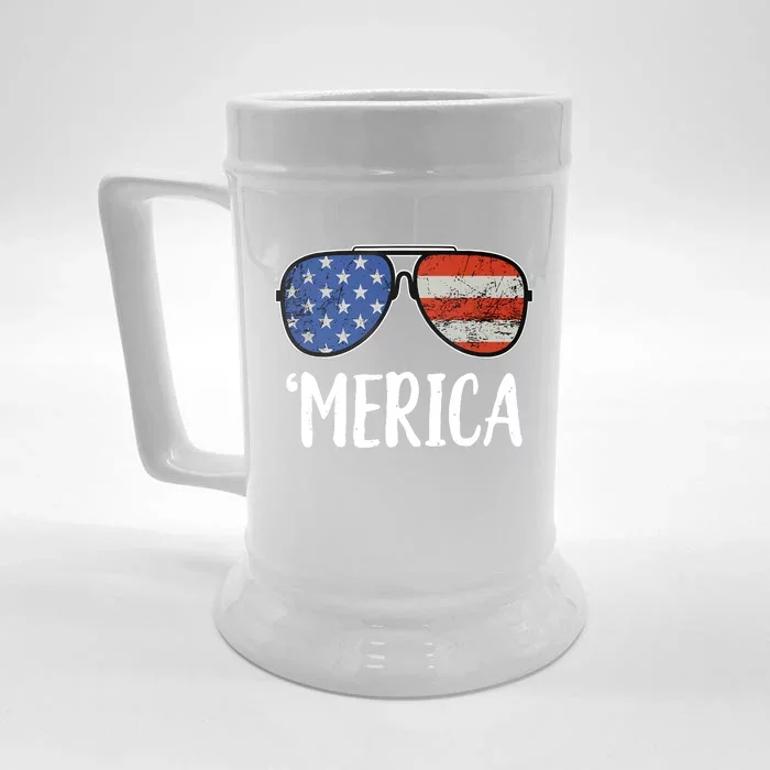 Merica Sunglasses 4th Of July USA American Flag Front & Back Beer Stein