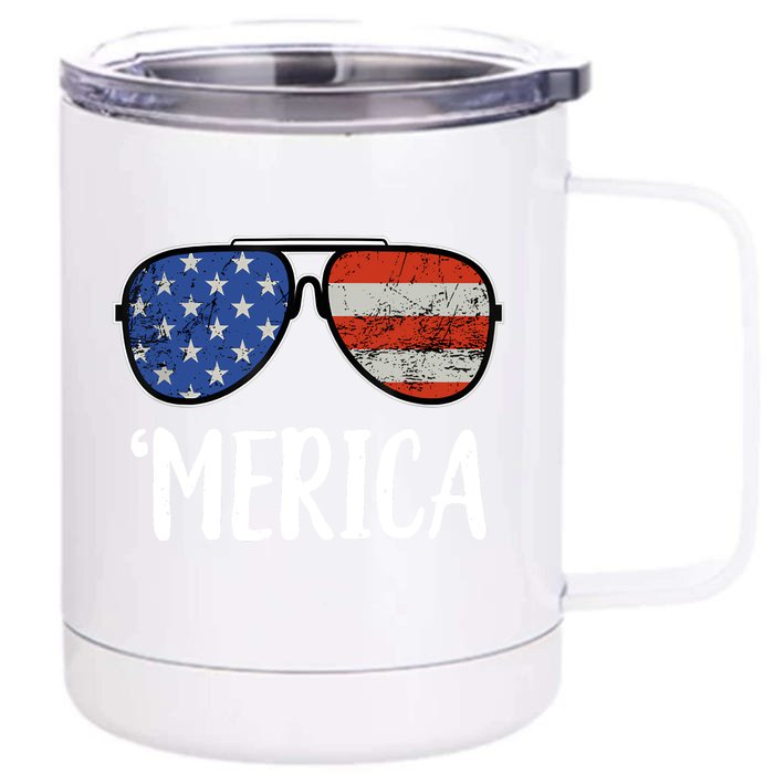 Merica Sunglasses 4th Of July USA American Flag Front & Back 12oz Stainless Steel Tumbler Cup