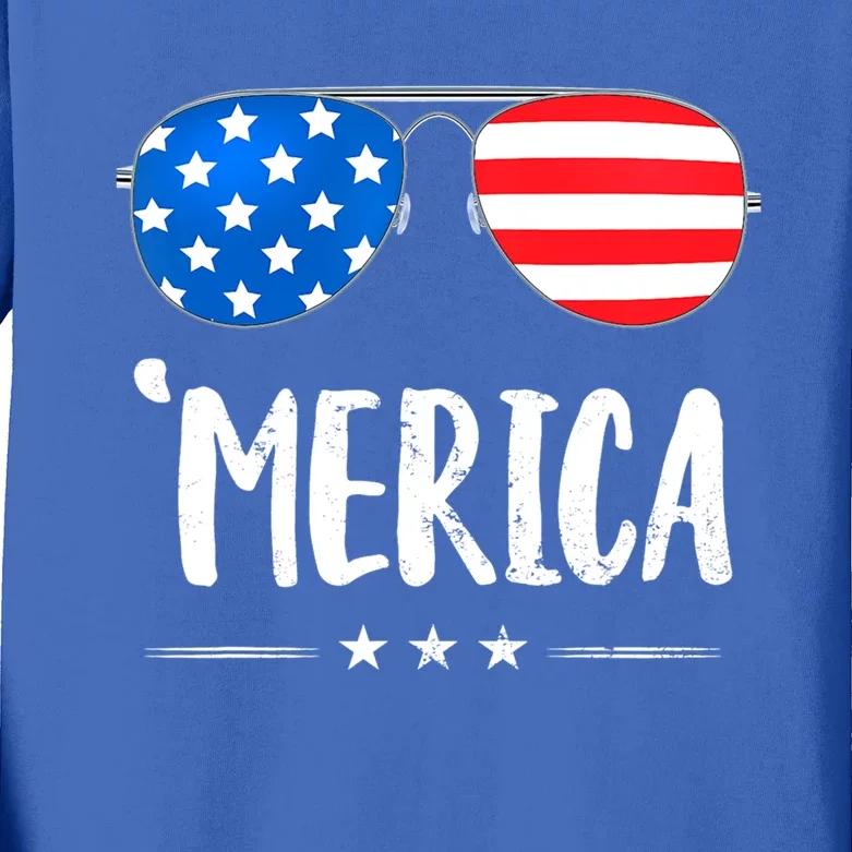 Merica Sunglasses 4th Of July Usa Flag Patriotic Gift Kids Long Sleeve Shirt