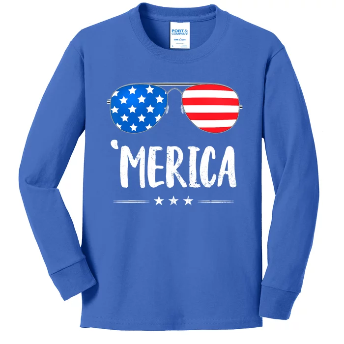 Merica Sunglasses 4th Of July Usa Flag Patriotic Gift Kids Long Sleeve Shirt