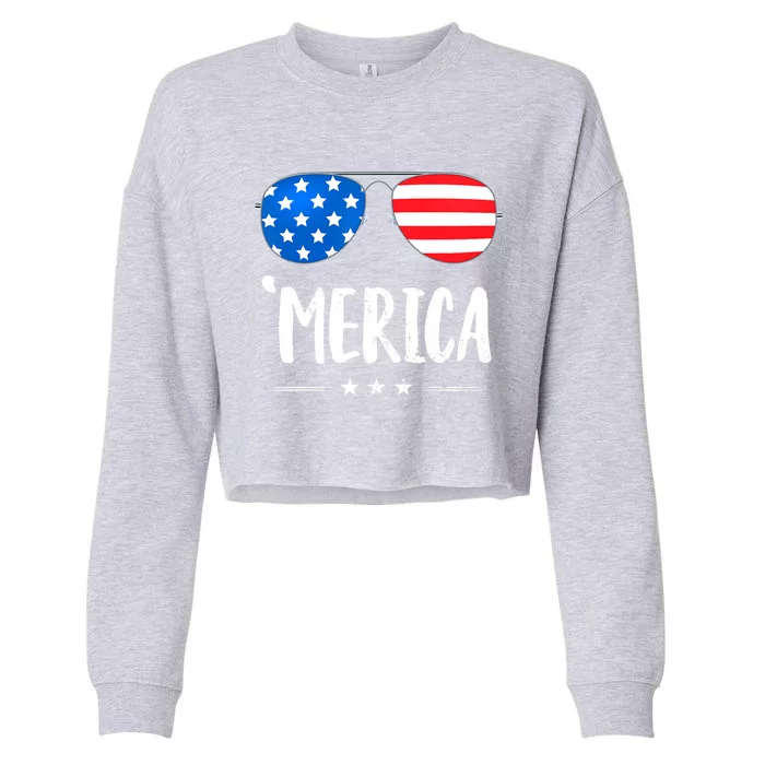 Merica Sunglasses 4th Of July Usa Flag Patriotic Gift Cropped Pullover Crew