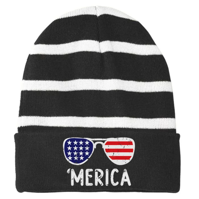 Merica Sunglasses 4th Of July Usa Striped Beanie with Solid Band