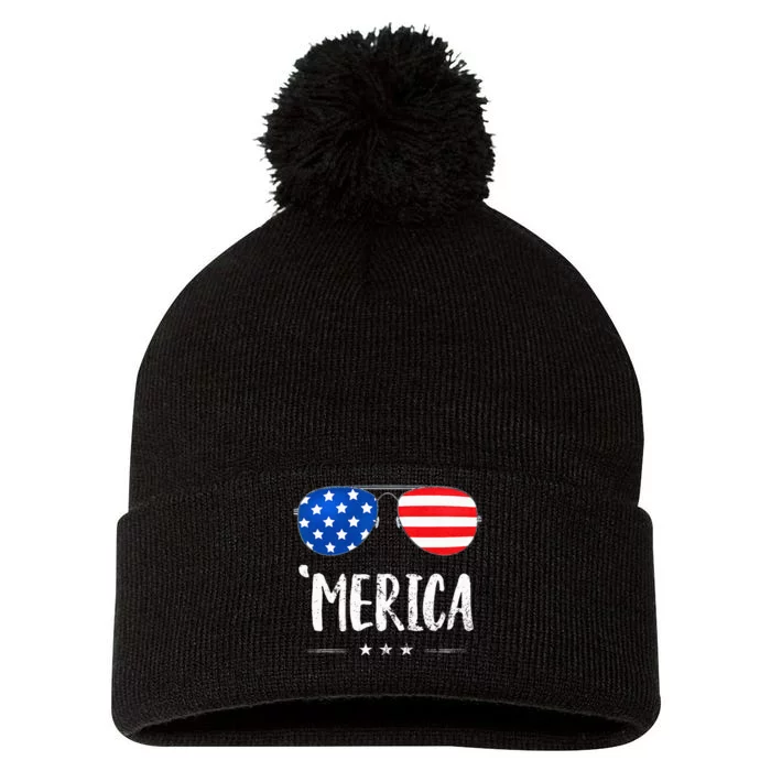 Merica Sunglasses 4th Of July USA Flag Patriotic Pom Pom 12in Knit Beanie