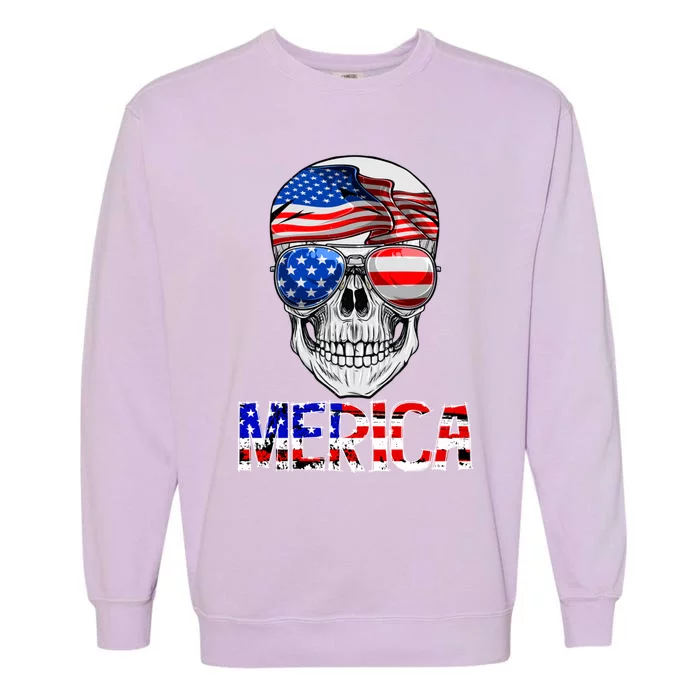 Merica Skull 4th Of July American Flag Patriotic Cute Gift Garment-Dyed Sweatshirt