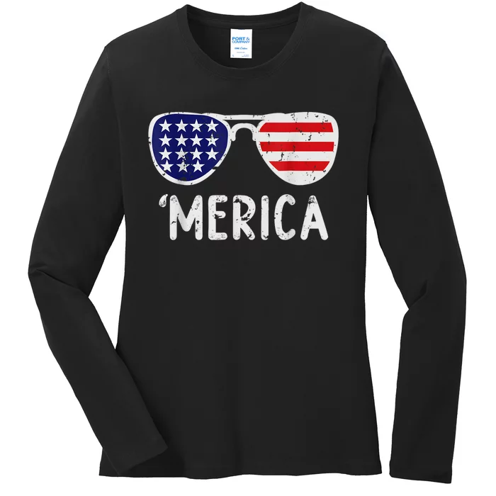 Merica Sunglasses 4th Of July Usa Ladies Long Sleeve Shirt