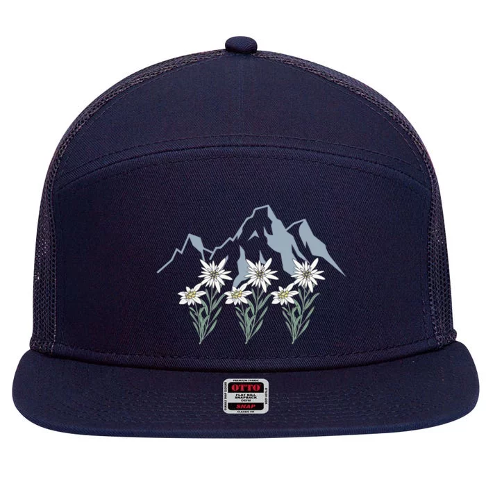 Mountains Switzerland Alps Edelweiss Basket Alpine Flower Gift 7 Panel Mesh Trucker Snapback Hat