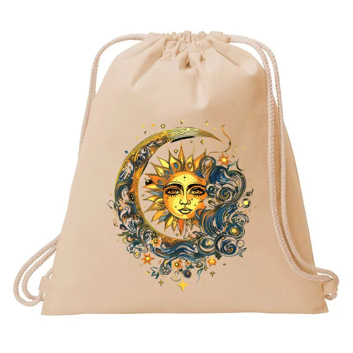 Mystic Sun And Moon Woman Mystical Flowers Aesthetic Drawstring Bag