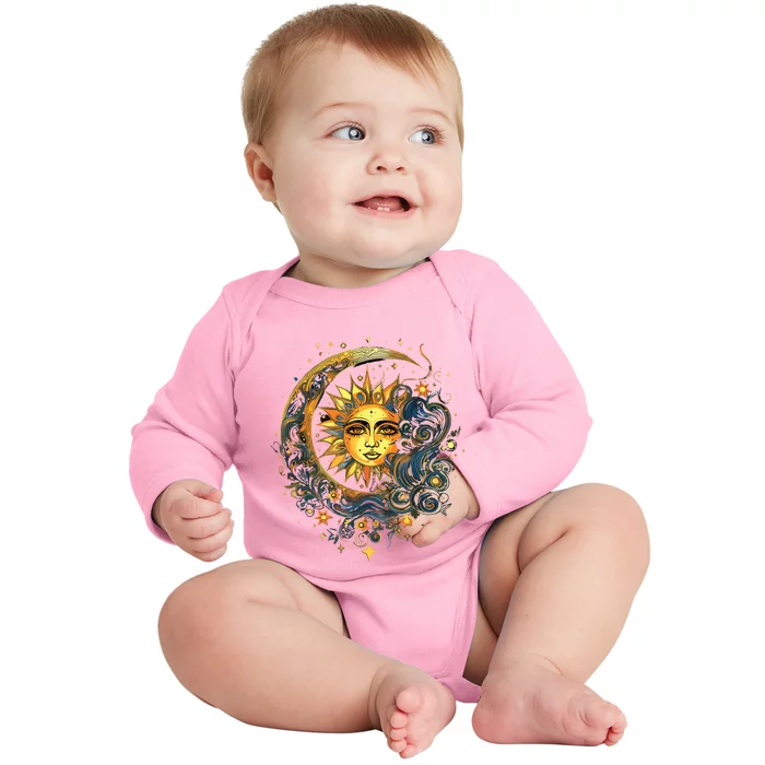 Mystic Sun And Moon Woman Mystical Flowers Aesthetic Baby Long Sleeve Bodysuit