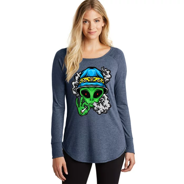 Marijuana Smoking Alien Just Chilling Weed Stoner 420 Women's Perfect Tri Tunic Long Sleeve Shirt