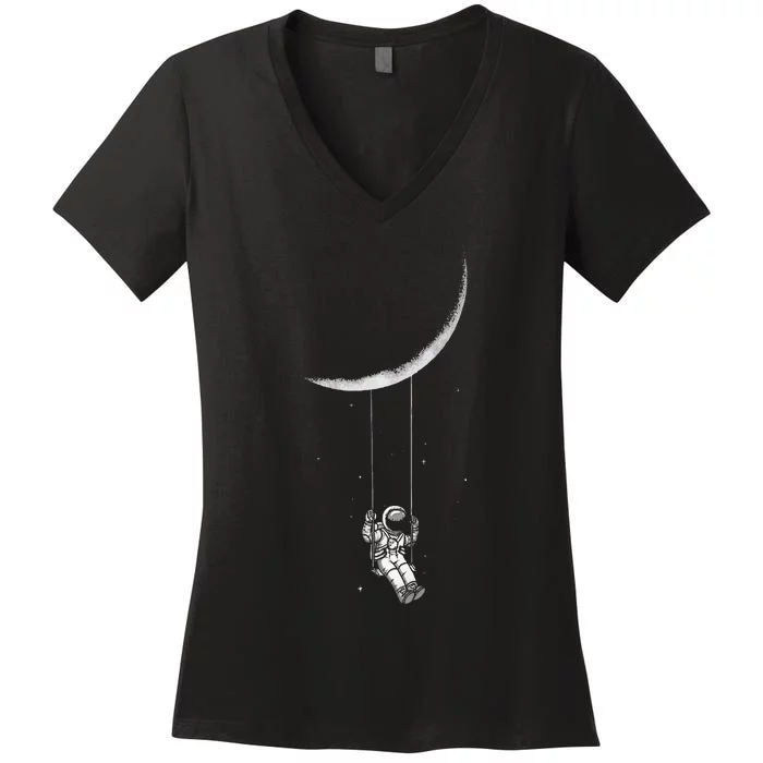 Moon Swing Astronaut Stars Space Man Women's V-Neck T-Shirt