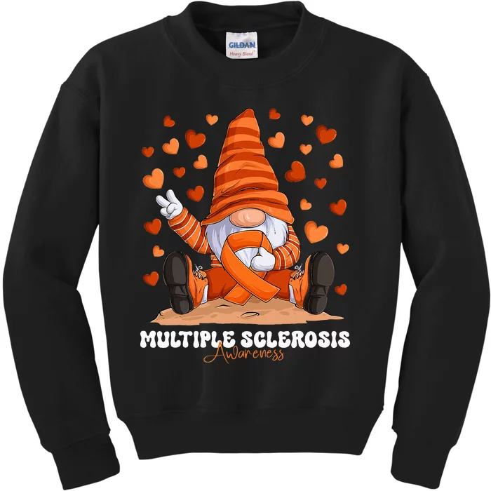 Multiple Sclerosis Awareness Month Orange Ribbon Gnome Kids Sweatshirt