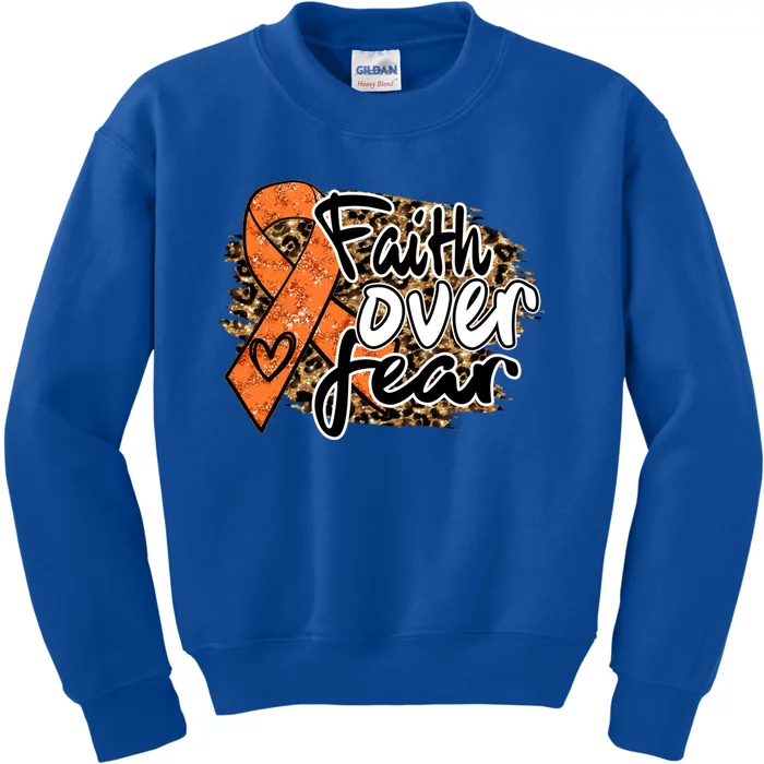 Multiple Sclerosis Awareness Ribbon Faith Over Fear Leopard Gift Kids Sweatshirt