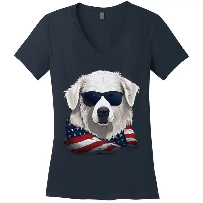 Maremma Sheepdog American Flag US Tee 4th July Gifts Graphic Women's V-Neck T-Shirt