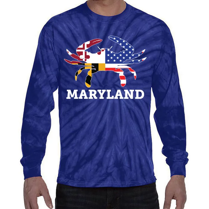 Maryland State American Usa Flag Blue Crab Tie-Dye Long Sleeve Shirt