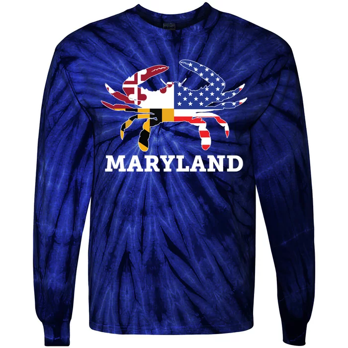 Maryland State American Usa Flag Blue Crab Tie-Dye Long Sleeve Shirt