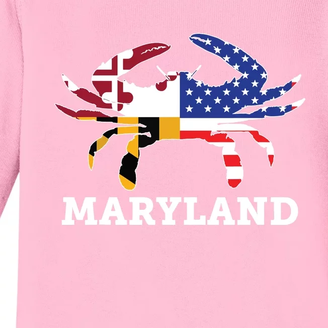 Maryland State American Usa Flag Blue Crab Baby Long Sleeve Bodysuit