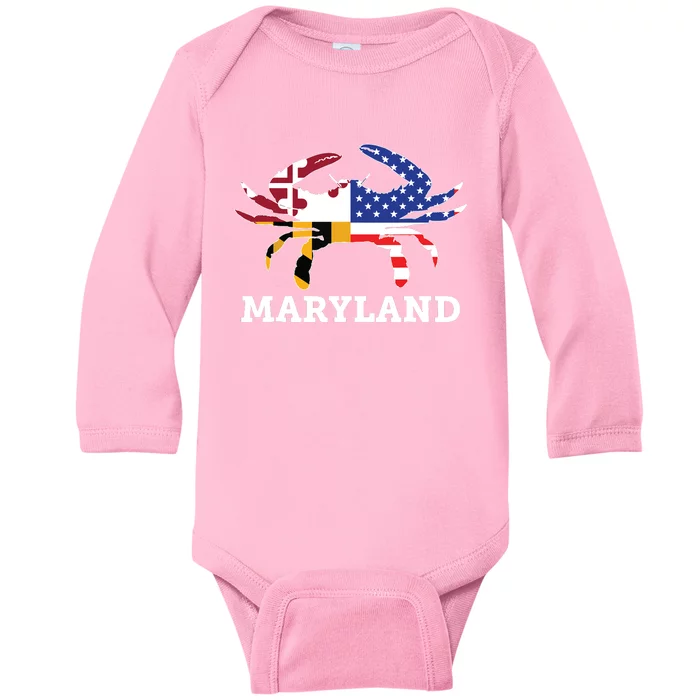 Maryland State American Usa Flag Blue Crab Baby Long Sleeve Bodysuit