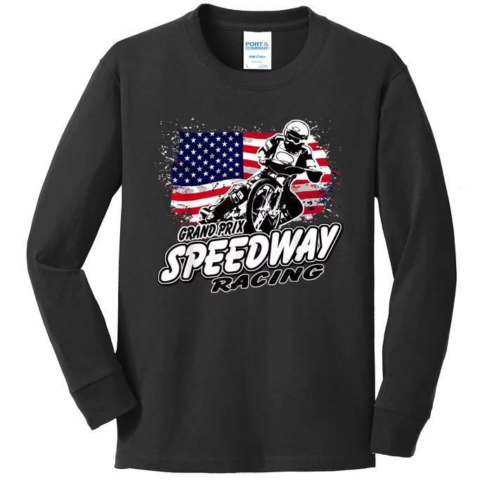 Motorcycle Speedway American Flag Flat Track Race Kids Long Sleeve Shirt