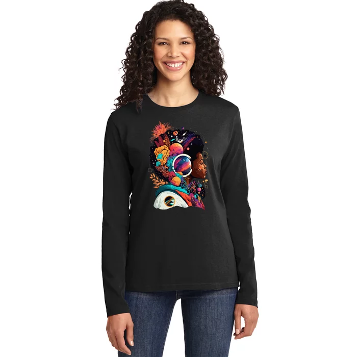 Melanin Space Astronaut African Afro woman Empower History Ladies Long Sleeve Shirt