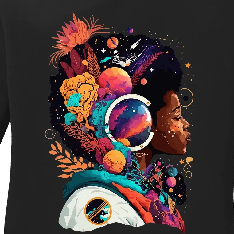 Melanin Space Astronaut African Afro woman Empower History Ladies Long Sleeve Shirt