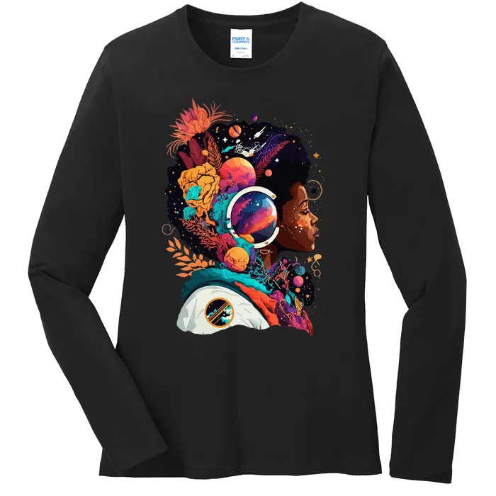 Melanin Space Astronaut African Afro woman Empower History Ladies Long Sleeve Shirt