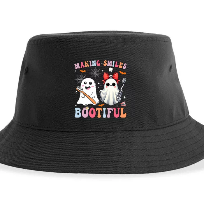 Making Smiles Bootiful Dentist Funny Halloween Ghost Dental Sustainable Bucket Hat