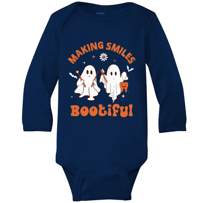 Making Smiles Bootiful Funny Ghost Dentist Halloween Dental Baby Long Sleeve Bodysuit