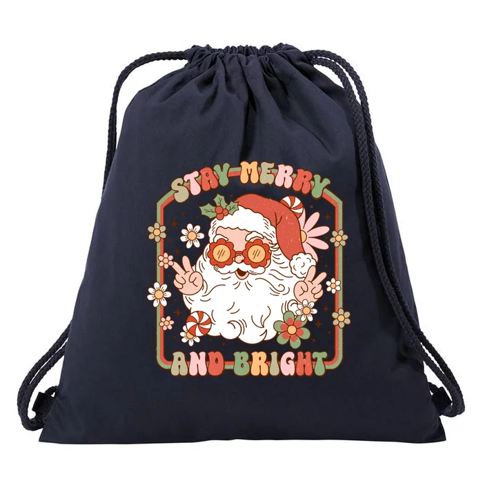 Merry Stay Bright Hippie Santa Peace Retro Groovy Christmas Gift Drawstring Bag