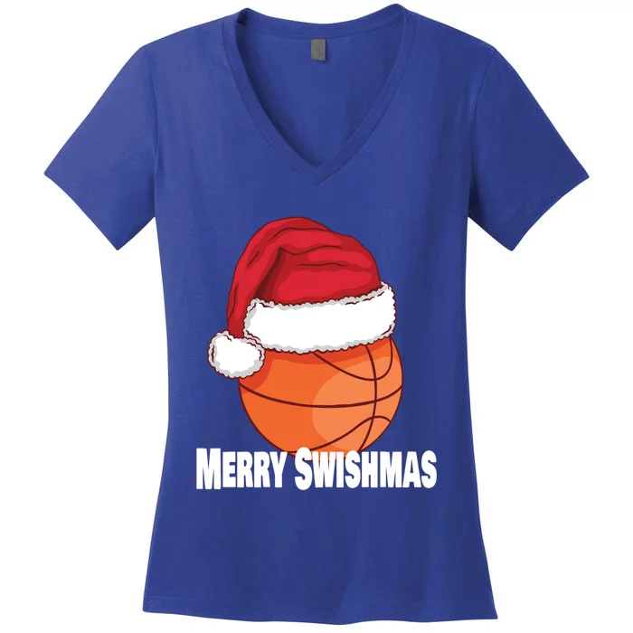 Merry Swishmas Basketball Christmas Sports Lover Santa Hat Gift Women's V-Neck T-Shirt