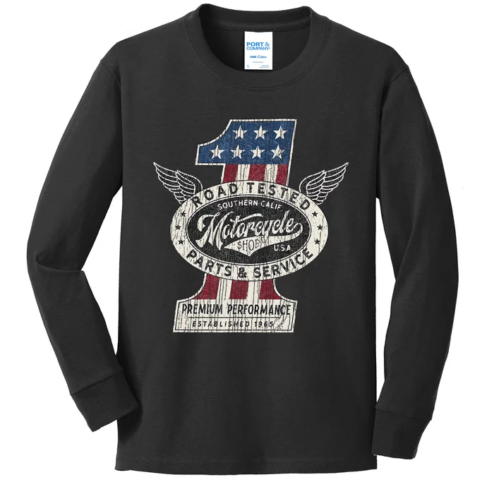 Motorcycle Shop Biker Usa Pride Kids Long Sleeve Shirt