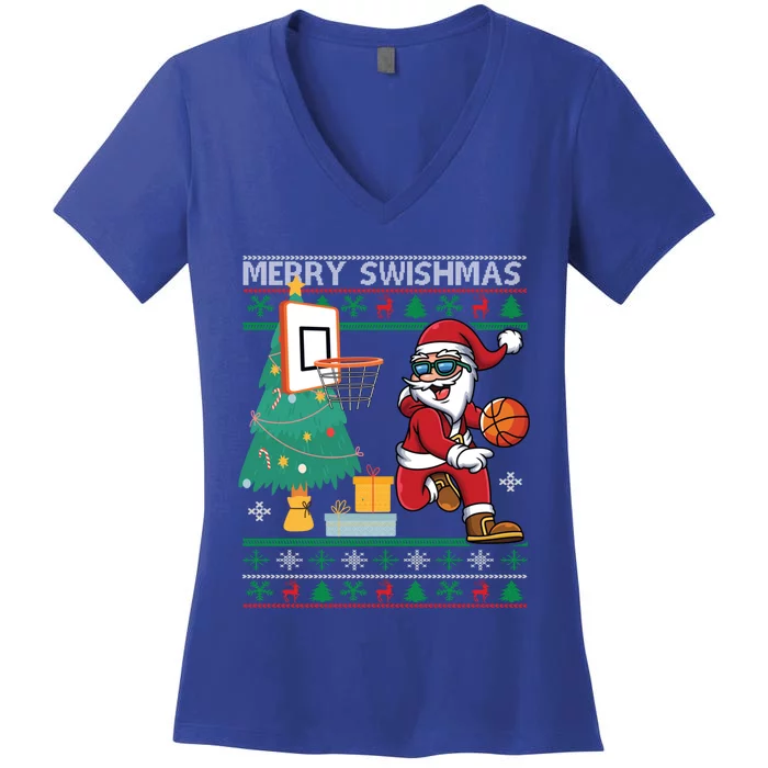 Merry Swishmas Basketball Ugly Christmas Sweater Gift Women's V-Neck T-Shirt