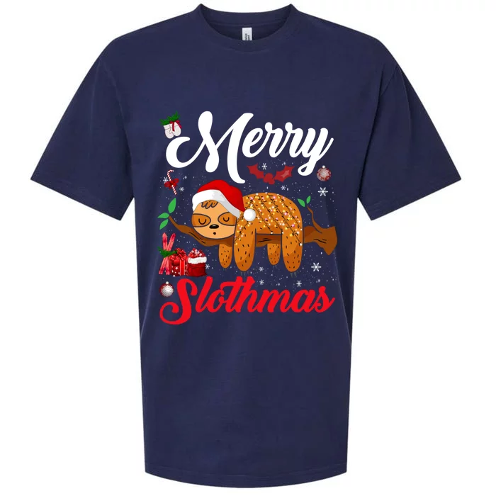 Merry Slothmas Cute Christmas Pajama Santa Sloth Lover Gift Sueded Cloud Jersey T-Shirt