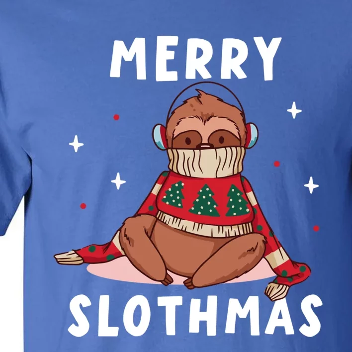 Merry Slothmas Cute Freezing Sloth Headset Relaxing To Music Gift Tall T-Shirt