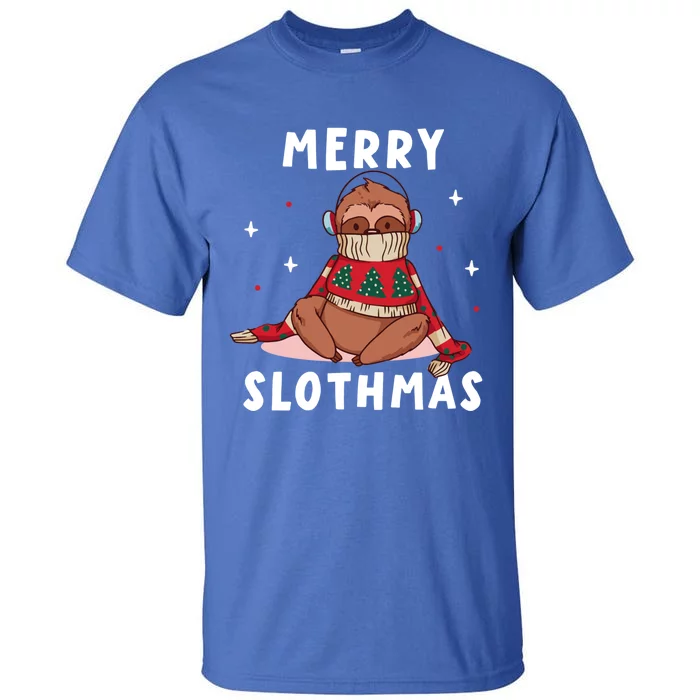 Merry Slothmas Cute Freezing Sloth Headset Relaxing To Music Gift Tall T-Shirt