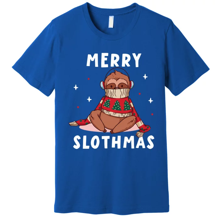 Merry Slothmas Cute Freezing Sloth Headset Relaxing To Music Gift Premium T-Shirt