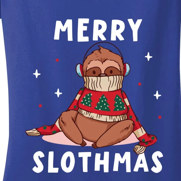 Merry Slothmas Cute Freezing Sloth Headset Relaxing To Music Gift Women's V-Neck T-Shirt