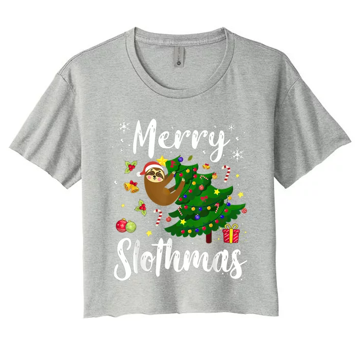 Merry Slothmas Christmas Sloth Lover Xmas Pajamas Christmas Women's Crop Top Tee