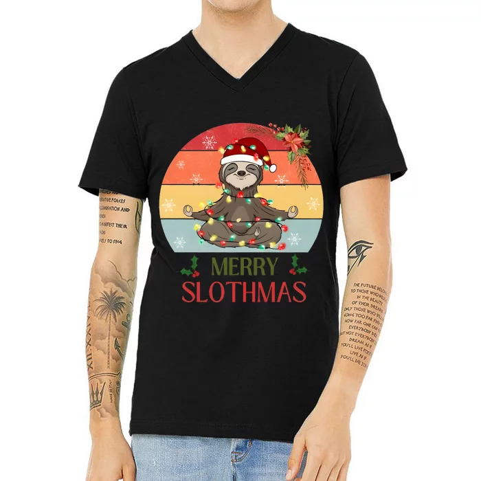 Merry Slothmas Christmas Sloth Yoga Holiday Season Funny Vintage V-Neck T-Shirt