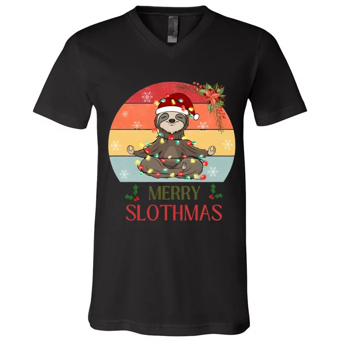 Merry Slothmas Christmas Sloth Yoga Holiday Season Funny Vintage V-Neck T-Shirt