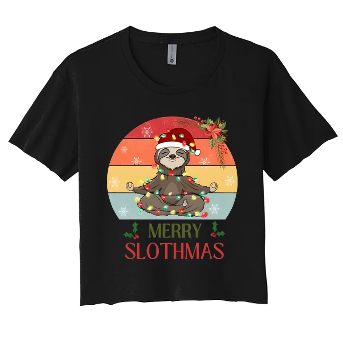 Merry Slothmas Christmas Sloth Yoga Holiday Season Funny Vintage Women's Crop Top Tee