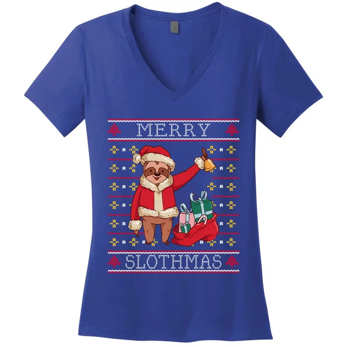 Merry Slothmas Cute Ringing Sloth Xmas Christmas Show Time Cool Gift Women's V-Neck T-Shirt